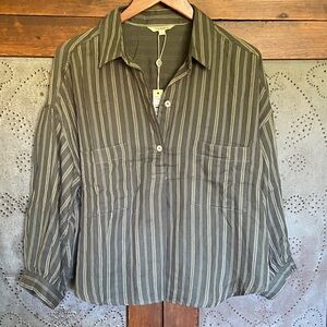 NWT Max Studio Poplin Pullover Blouse Striped Balloon Sleeves Green L